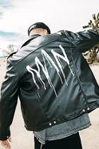 Boohoo Pu Biker Jacket With Man Back Print