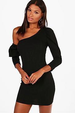 Boohoo Puff Sleeve Off The Shoulder Dress