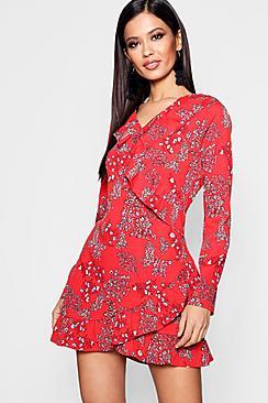 Boohoo Wendy Red Ruffle Front Tea Dress