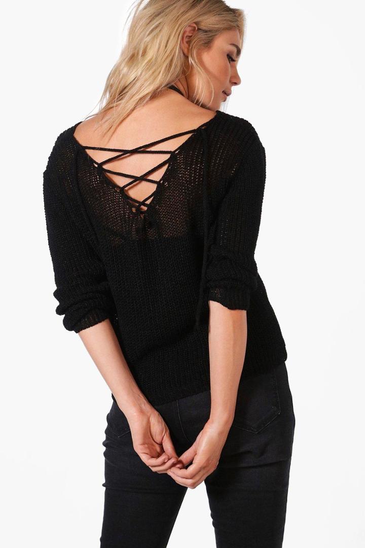 Boohoo Francesca Lace Up Back Slouchy Jumper Black