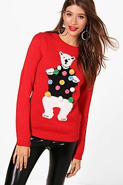 Boohoo Francesca Pom Pom Polar Bear Christmas Jumper