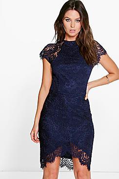 Boohoo Boutique Leah Eyelash Lace Curved Hem Bodycon Dress