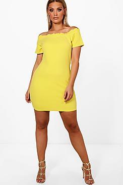 Boohoo Plus Scallop Edge Off Shoulder Bodycon Dress