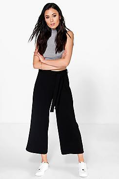 Boohoo Loren Tie Waist Wide Leg Cropped Trousers