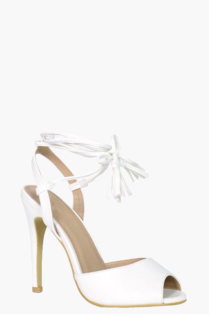Boohoo Ellie Peeptoe Wrap Strap Detail Heels White