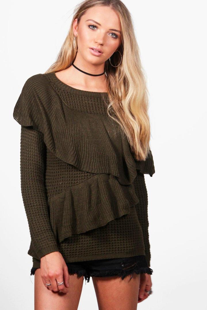 Boohoo Amelie Asymmetric Ruffle Jumper Khaki