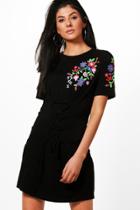 Boohoo Freyja Printed Embroidery T-shirt Dress With Lace Up Black
