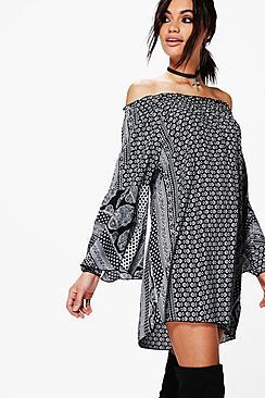 Boohoo Betty Mono Print Off Shoulder Shift Dress