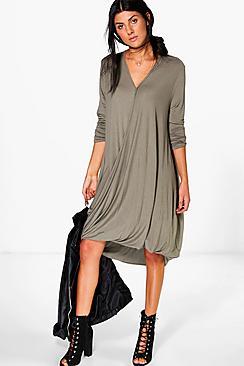 Boohoo Zoe Dipped Hem Wrap Drape Midi Dress