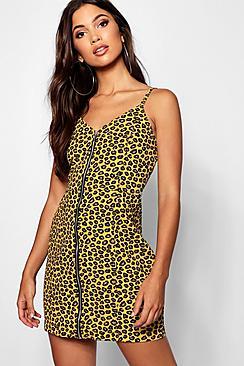 Boohoo Tall Leopard Print Zip Through Denim Dress