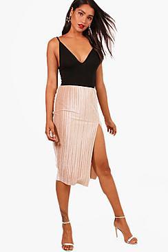 Boohoo Mia Thigh Split Pleated Velvet Midi Skirt