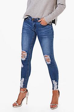 Boohoo Mid Rise Distressed Knee And Ankle Skinny Jeans