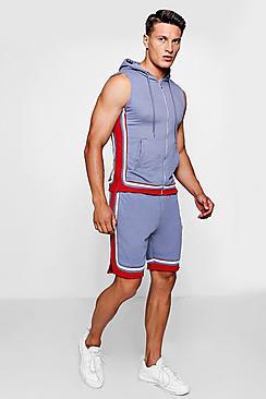 Boohoo Sleeveless Hoodie & Short Set Contrast Trim