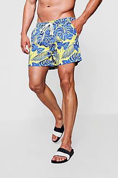 Boohoo Leaf Print Mid Length Swim Short