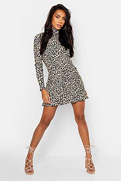 Boohoo Leopard Crinkle High Neck Shift Dress