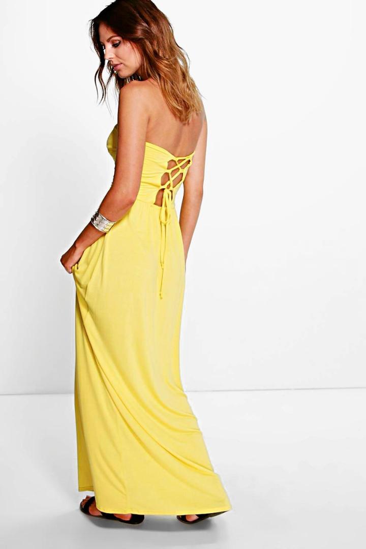 Boohoo Allie Lace Up Bandeau Maxi Dress Yellow