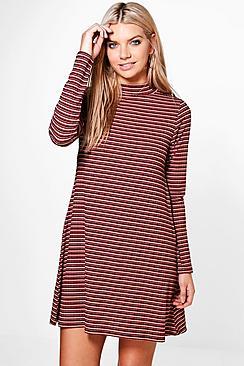 Boohoo Jenny High Neck Stripe Rib Swing Dress