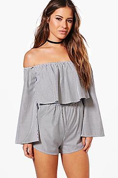 Boohoo Petite Izzy Woven Stripe Off The Shoulder Playsuit