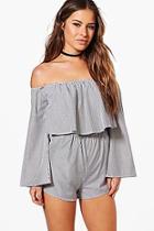 Boohoo Petite Izzy Woven Stripe Off The Shoulder Playsuit