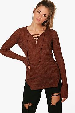 Boohoo Maddison Ribbed V-neck Neck Tie Jumper