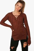 Boohoo Maddison Ribbed V-neck Neck Tie Jumper