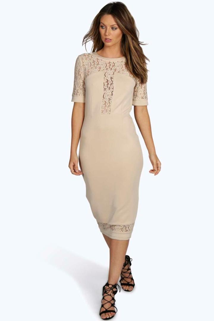 Boohoo Boutique Jo Lace Panel Midi Bodycon Dress Stone