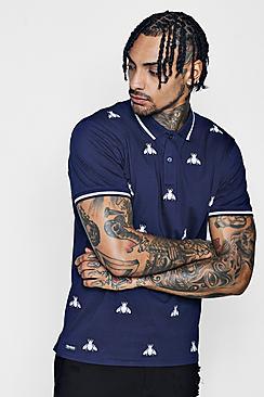 Boohoo Jersey Polo With Embroidered Bee's
