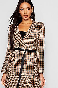 Boohoo Woven Mini Check Belted Blazer