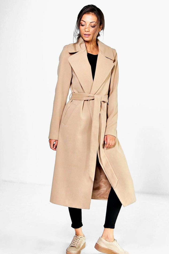 Boohoo Tall Olivia Oversized Collar Belted Robe Coat Camel