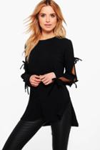 Boohoo Sophie Soft Rib Oversized Tie Sleeve Top Black