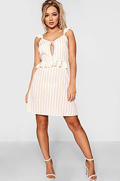 Boohoo Dawn Ruffle Stripe Tie Front Shift Dress