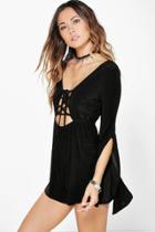 Boohoo Edna Lace Up Front Exaggerated Sleeve Playsuit Black