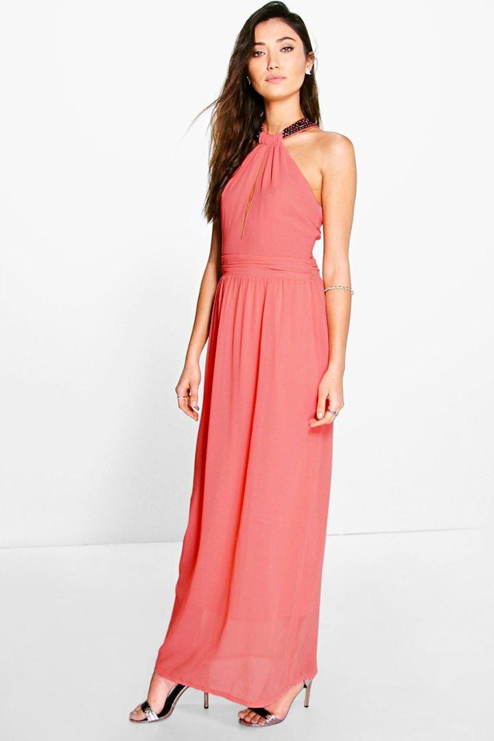Boohoo Elizabella Embellished Strap Chiffon Maxi Dress Blush