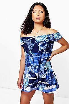 Boohoo Petite Tyra Floral Off Shoulder Swing Dress