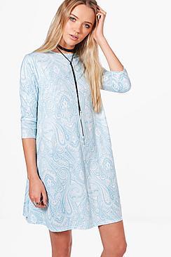 Boohoo Coral Paisley 3/4 Sleeve Swing Dress