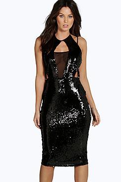 Boohoo Boutique Anna Sequin & Mesh Panelled Midi Dress