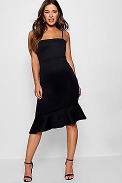 Boohoo Petite Square Neck Asymmetric Pep Hem Midi Dress