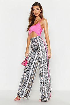 Boohoo Snake Print Neon Side Tape Wide Leg Trousers