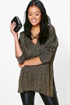 Boohoo Lana Metallic Cross Front Long Sleeve Top Gold