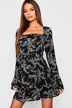 Boohoo Belted Ruffle Hem + Sleeve Tea Dress
