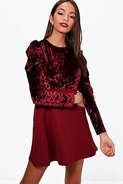 Boohoo Mel Puff Shoulder Velvet Detail Mini Dress