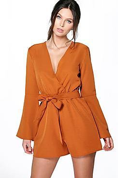 Boohoo Zoe Flare Sleeve Self Belted Playsuit