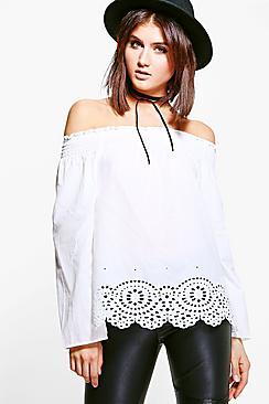 Boohoo Vicky Woven Hem Detail Off The Shoulder Top