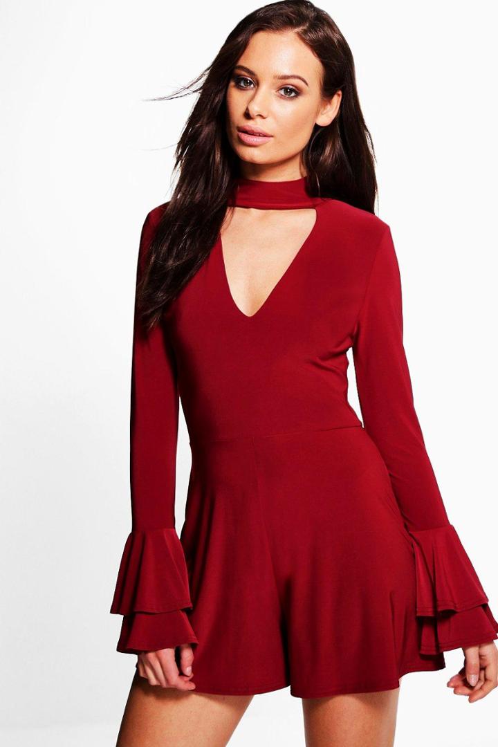 Boohoo Rosie Choker Plunge Flare Sleeve Playsuit Berry