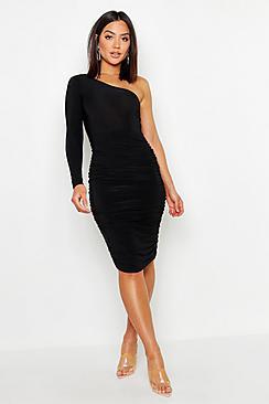 Boohoo One Shoulder Double Layer Slinky Midi Dress