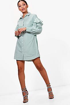 Boohoo Ruffle Shoulder Pinstripe Shirt Dress