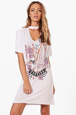 Boohoo Aly Choker Neck Printed Band T-shirt Dress