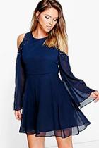 Boohoo Florence Embellished Open Shoulder Skater Dress