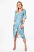 Boohoo Maya Floral Kimono  Sleeve Tie Wrap Midi Dress Multi