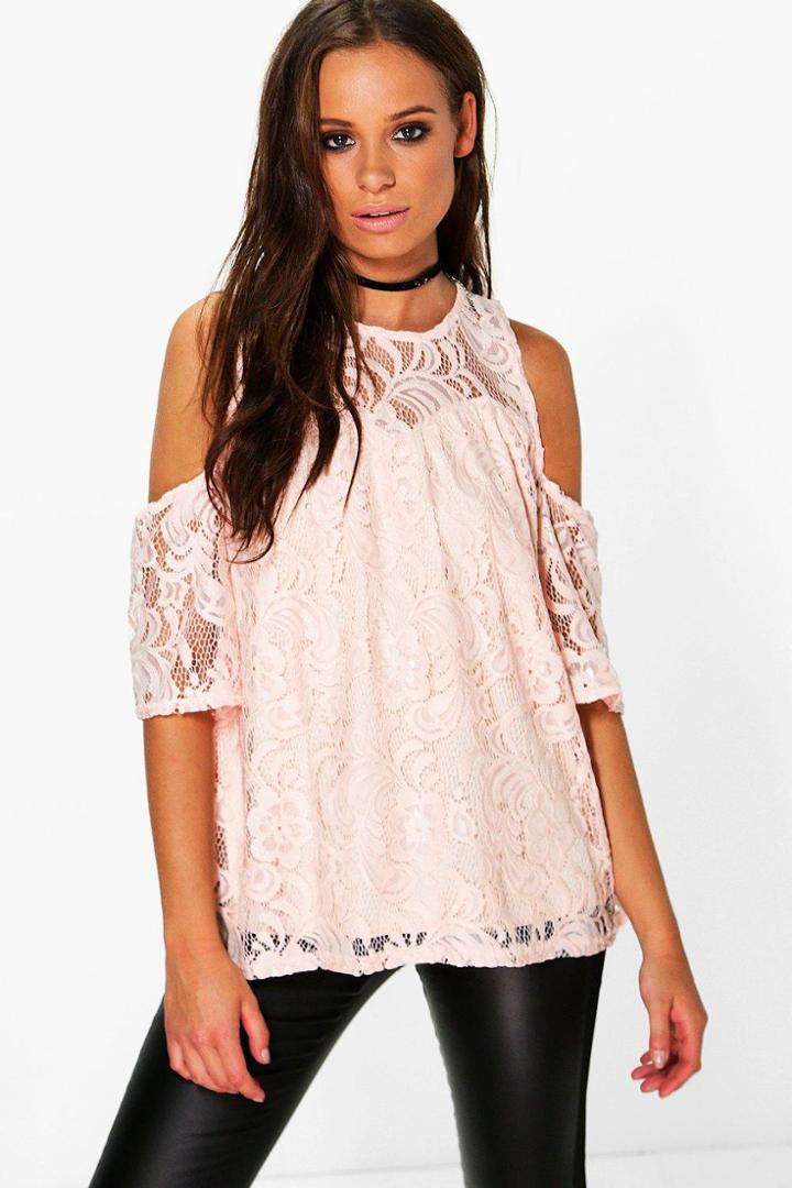 Boohoo Bella Lace Cold Shoulder Top Nude